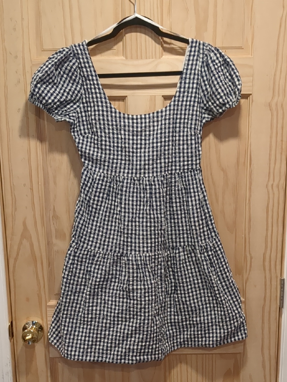 Blue and White Gingham Puff-Sleeve Dress for Girls